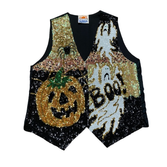 Vintage Halloween Vest Poppies Exotic Creation Sequin 90’s Beaded Snap Button M - Picture 1 of 12